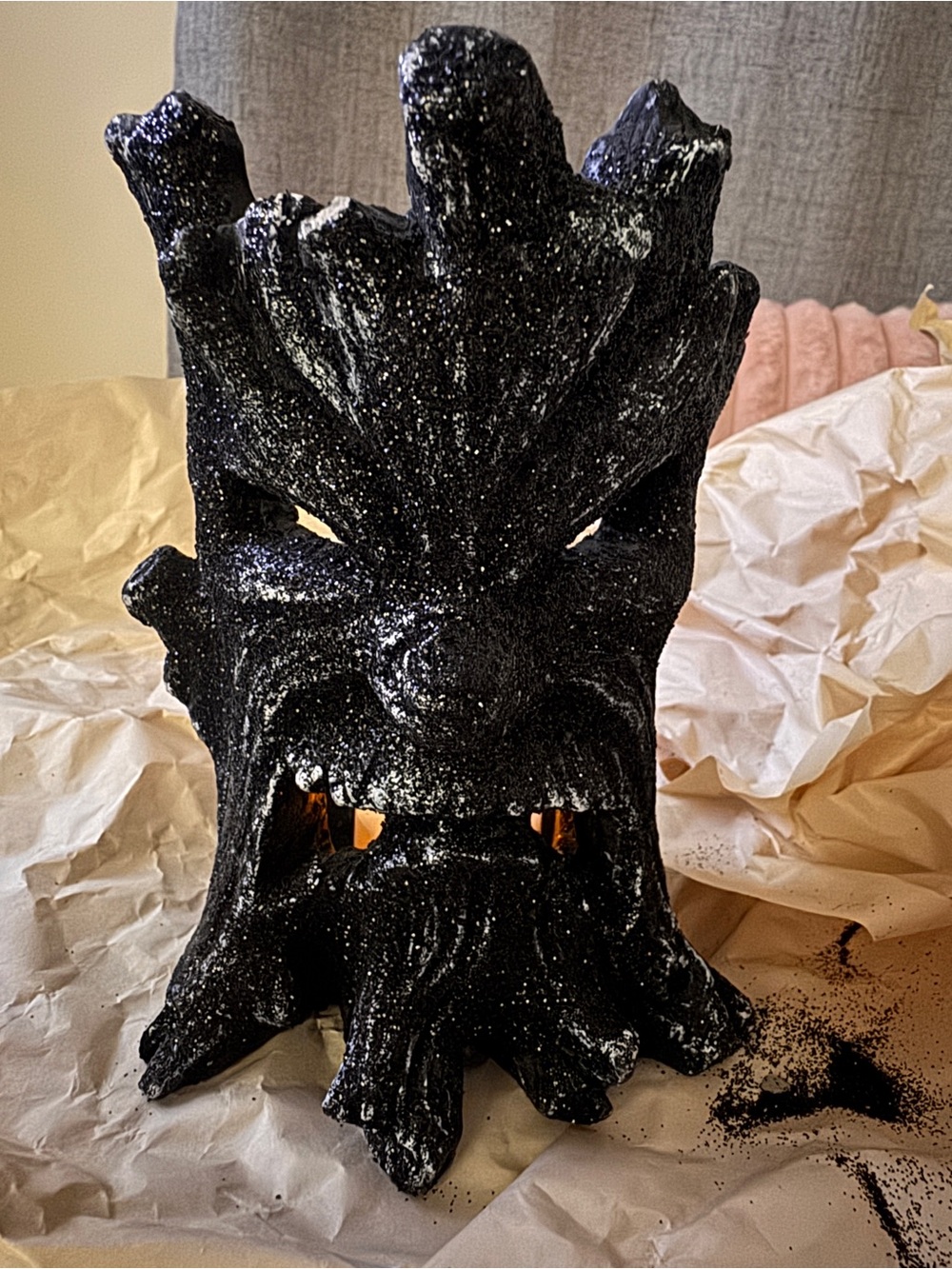 Scary Tree Trunk Black Glittery Tea Light Holders (2)